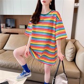 夏季 新款 简约百搭休闲宽松半袖 2025女短袖 衫 上衣撞色彩虹条纹t恤