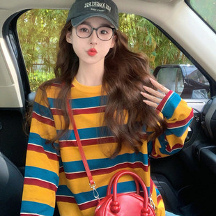 撞色条纹长袖 2026新款 上衣美式 慵懒风复古设计感打底衫 t恤女 春季