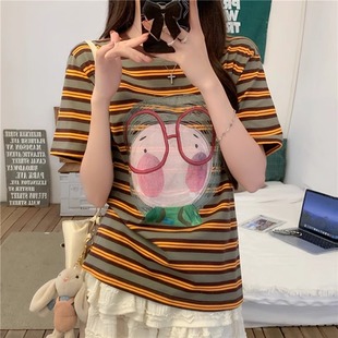 t恤女 2025新款 夏季 潮牌小众设计感正肩显瘦上衣美式 条纹卡通短袖