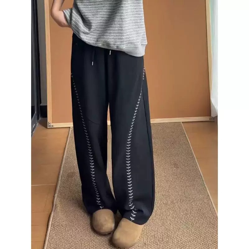 美式弯刀斜切刺绣卫裤男秋季设计感宽松阔腿裤子慵懒风直筒休闲裤