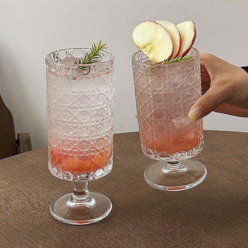 宝石纹高脚果汁玻璃杯家用高颜值冰美式咖啡杯设计感酒杯饮料杯子