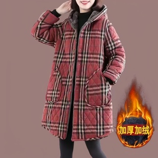 中老年棉袄加绒加厚连帽保暖风衣新款 格子休闲棉衣 洋气围裙中长款