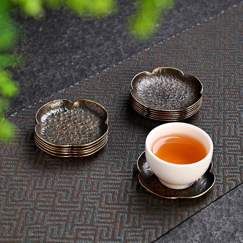 中式手工仿铜杯垫锤纹复古杯托隔热防滑海棠茶托杯碟功夫茶具配件