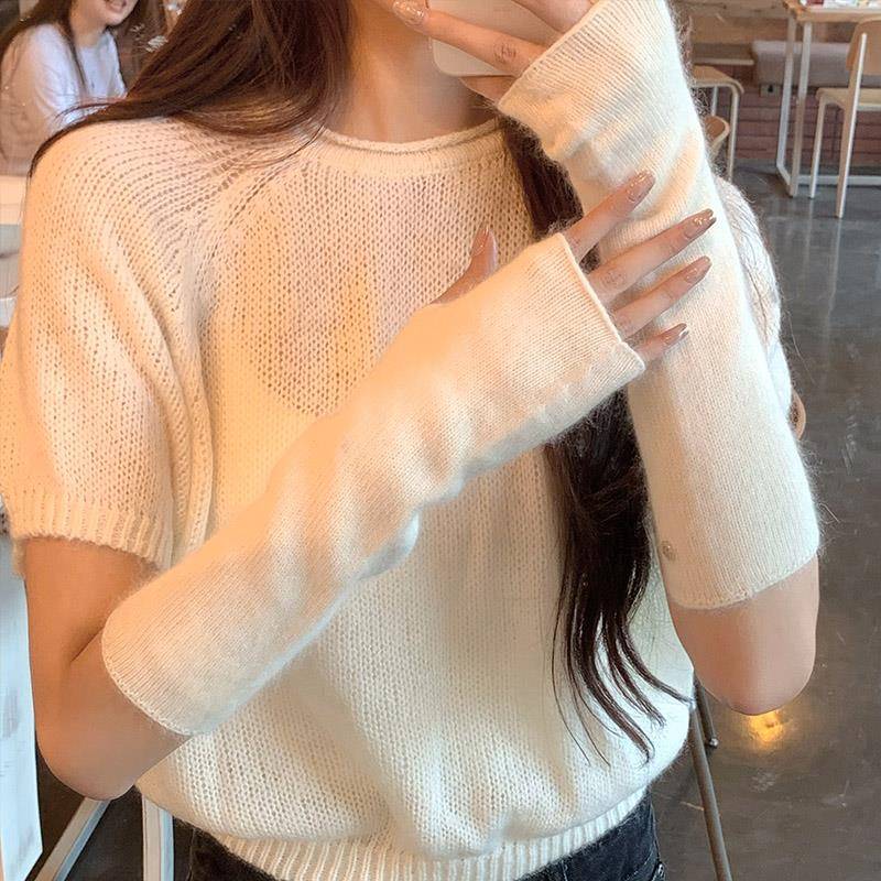 含羊毛纯色百搭针织堆堆袖套女秋冬季保暖护臂露指遮手臂长款手套