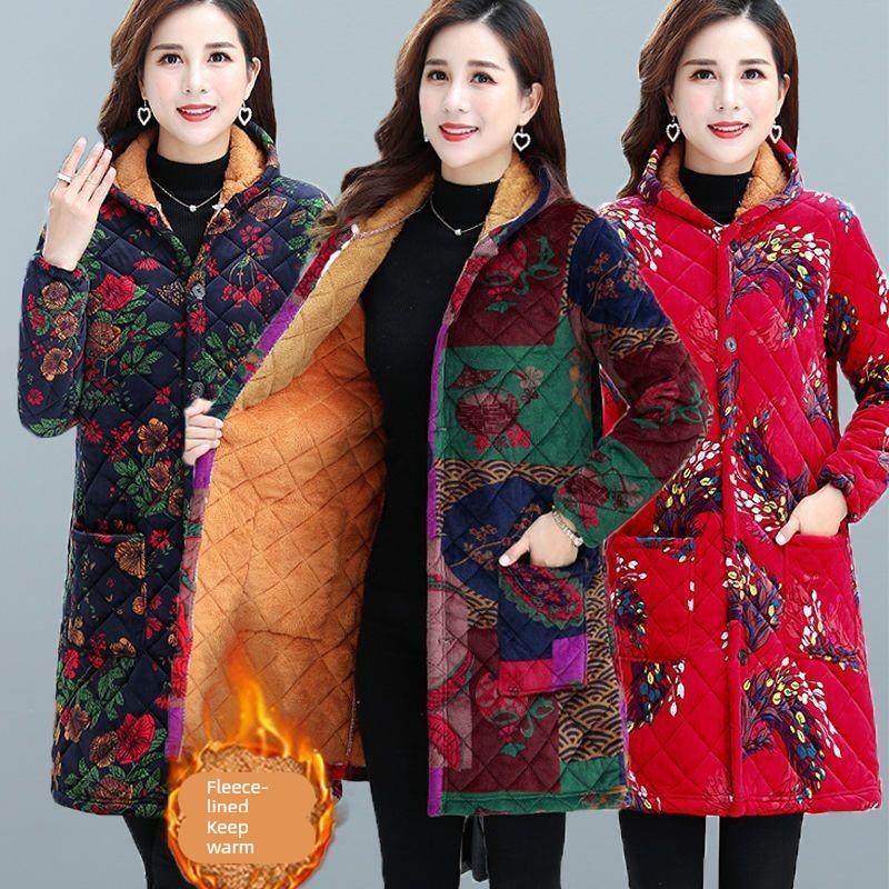 中老年女冬中长款加绒罩衣