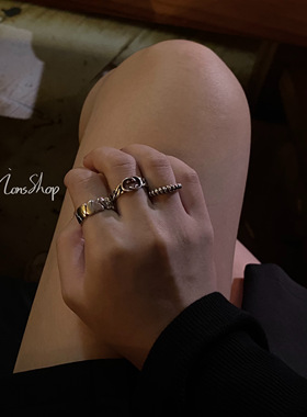 ions shop 海枯石烂复古创意岩石纹理戒指纯银做旧个性饰品情侣款