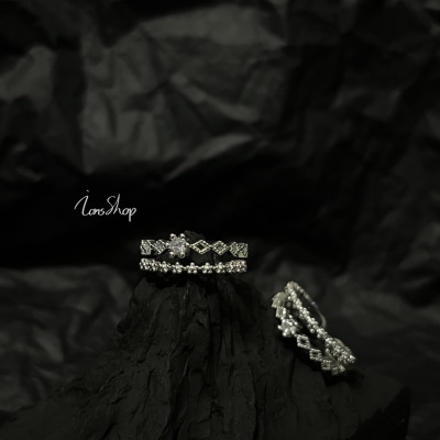 ions shop 原创设计花纹菱形双层钻戒指环纯银女款简约饰品高质感