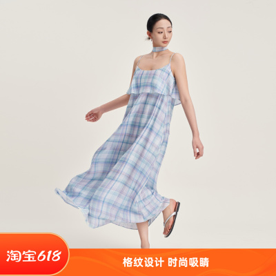 盛夏随想格纹吊带大摆长裙连衣裙