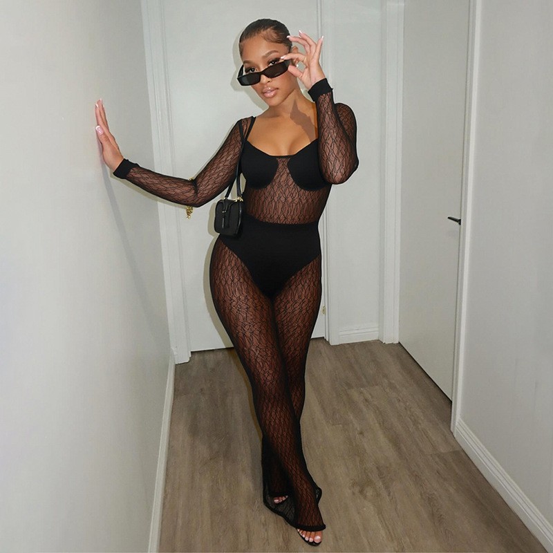 网纱蕾丝透视喇叭长连体裤