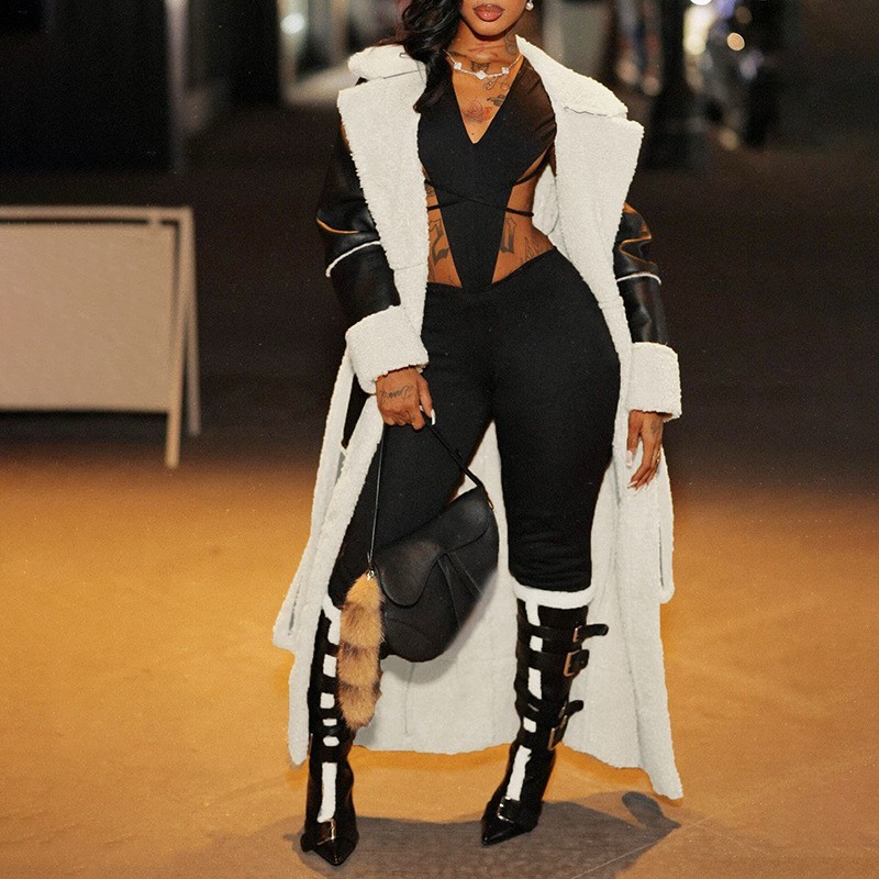 收腰绑带翻领拼接外套