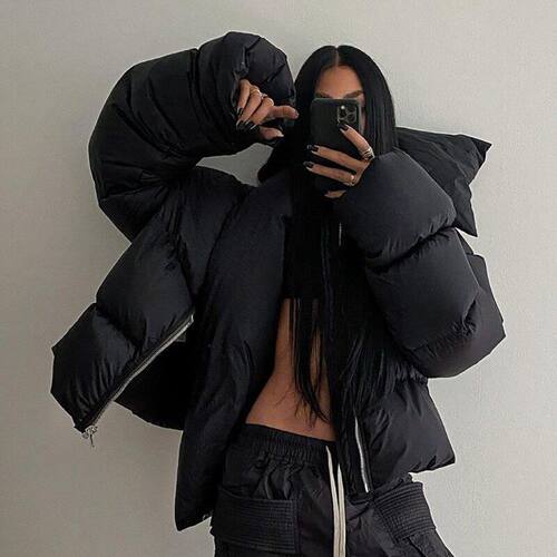 高领按扣拉链长袖修身棉服
