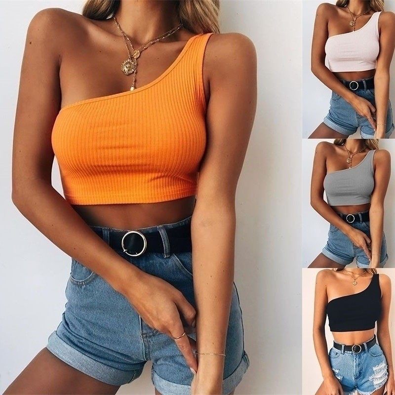 Low Cut Sleeveless Navel One Shoulder Halter Vest挂脖背心女