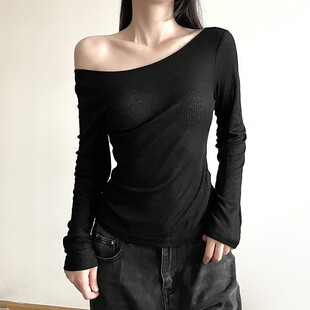 One collar lace up backless T-shirt时尚一字领系带露背纯色T恤
