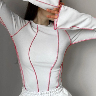neck top圆领喇叭袖 flared groove 坑条休闲上衣女 sleeve Round