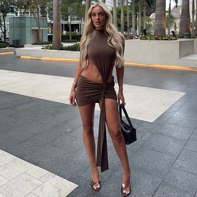 缩褶飘带包臀短裙连衣裙