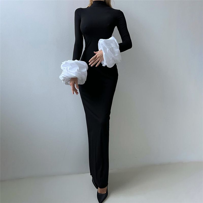 修身半高领开叉长裙女时尚