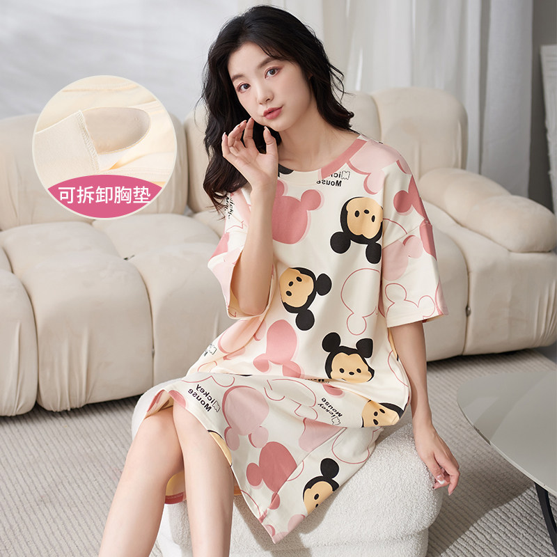 睡裙自带胸垫居家服纯棉夏季免穿文胸内衣夏天夏裙胖女孩大码睡衣