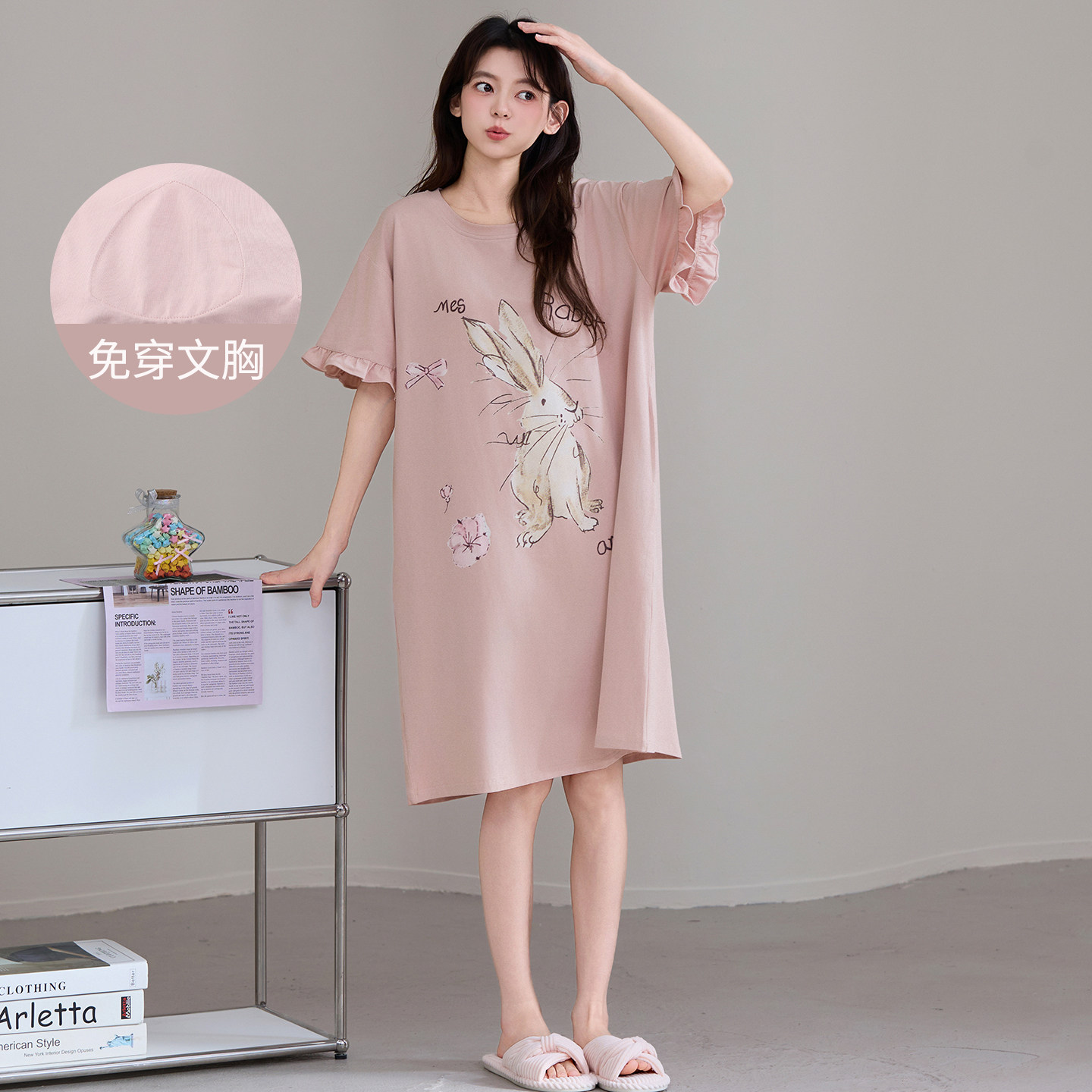 【到膝盖】带胸垫纯棉女夏季睡裙图片