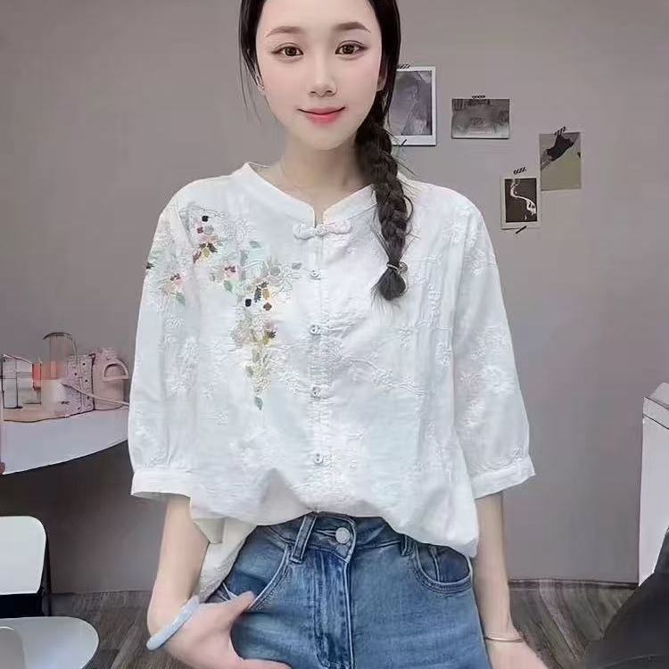 纯棉中式刺绣衬衫女立领开衫