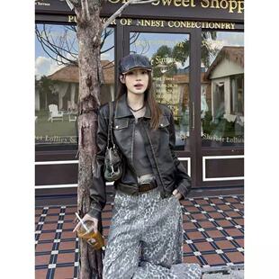 美式 复古宽松正肩皮衣夹克外套女休闲机车风高街cleanfit小众上衣