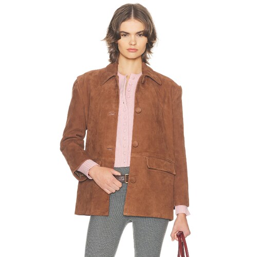 [春季新品]Helsa皮衣外套绒面质感校服风夹克短款翻盖口袋REVOLVE