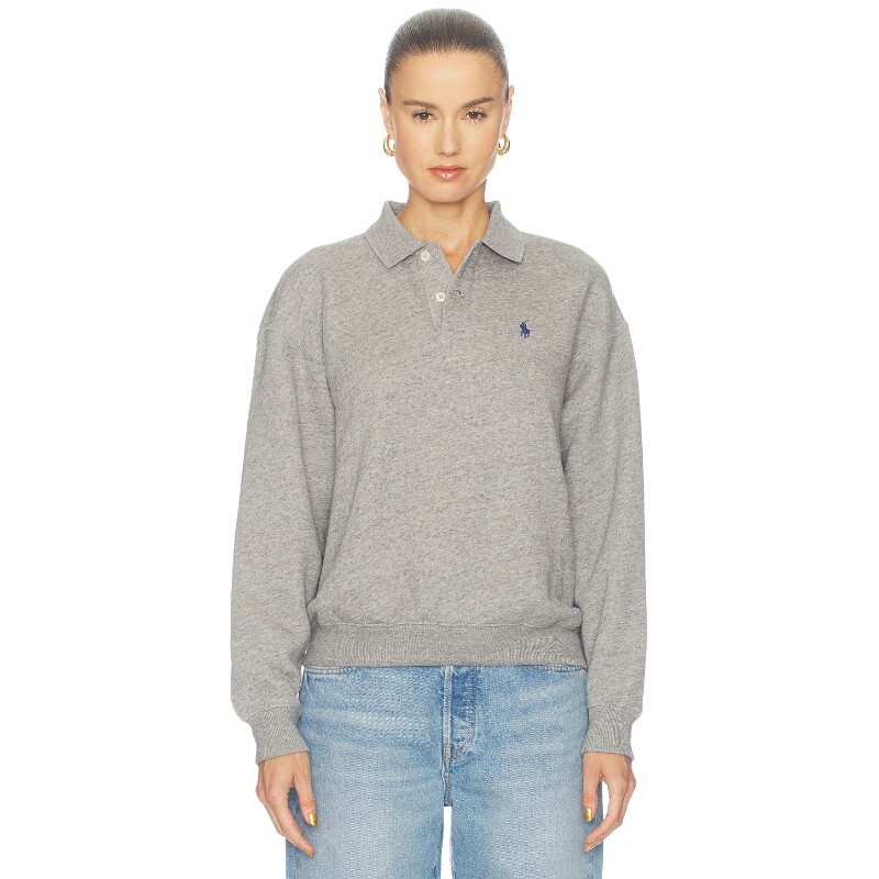 Polo Ralph Lauren美式复古经典灰色polo翻领长袖卫衣上衣REVOLVE