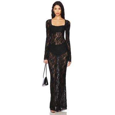 [店铺主推]superdown黑色连衣裙方领镂空蕾丝性感长裙REVOLVE