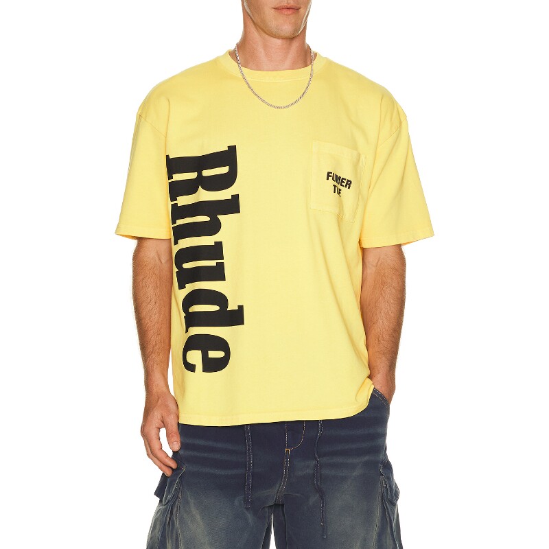 Rhude黄色上衣字母印花口袋酷飒风秋冬新品宽松T恤REVOLVE