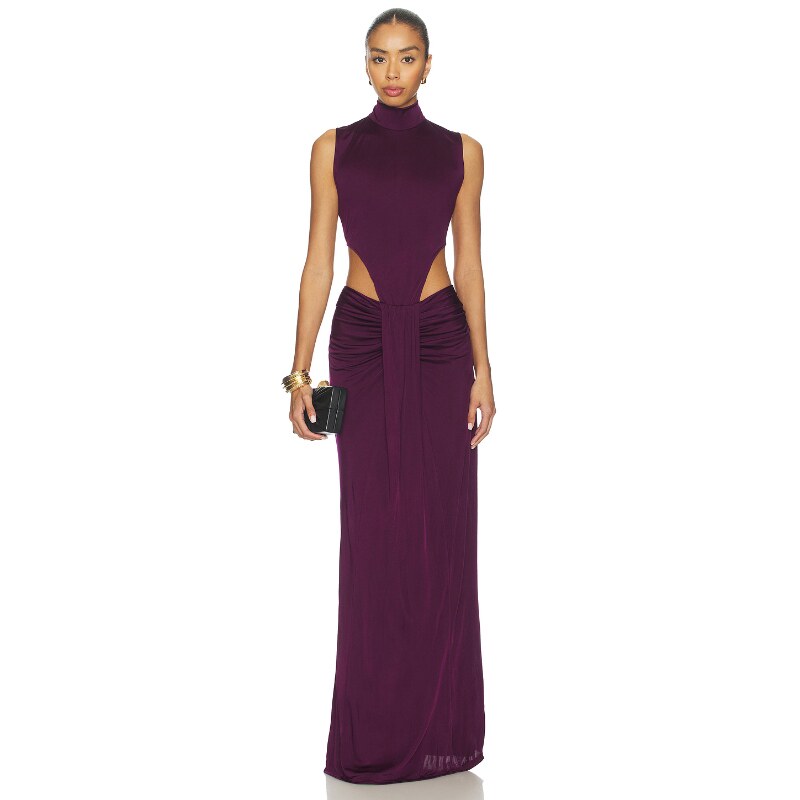 NBD酒红色连衣裙高领腰部镂空褶皱优雅风早秋新品长裙REVOLVE