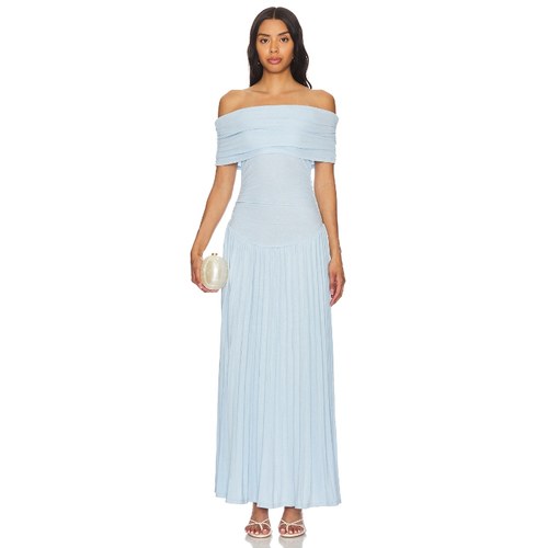 LIONESS 一字肩连衣裙蓝色修身显瘦百褶裙礼服裙REVOLVE小众新款