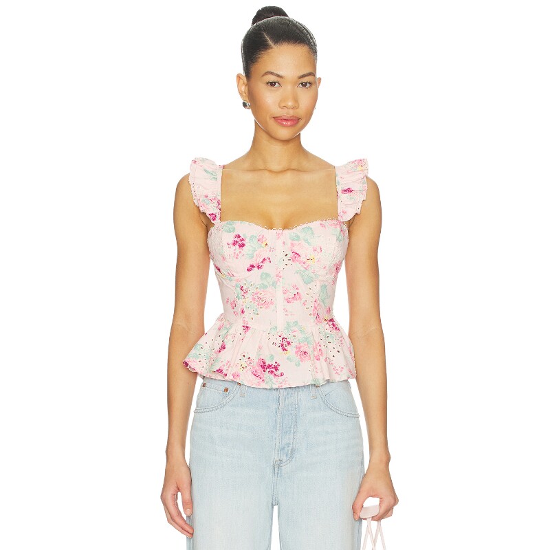 [早秋新品]ASTR the Label粉色背心碎花荷叶边甜美上装REVOLVE