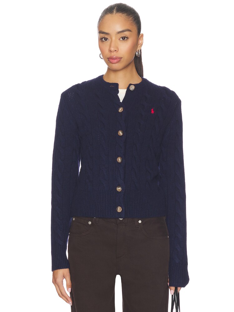 Polo Ralph Lauren藏青色绞花针织开衫老钱风单排扣外套REVOLVE