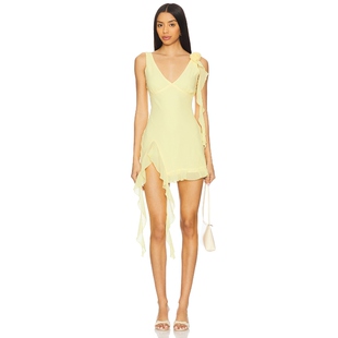 MORE TO COME 短裙柠檬色REVOLVE小众新款设计感垂褶花饰雪纺裙子