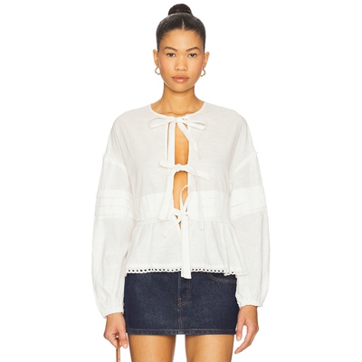 SNDYS欧美风系带圆领泡泡袖衬衫上装白色简约开衫上衣REVOLVE新款