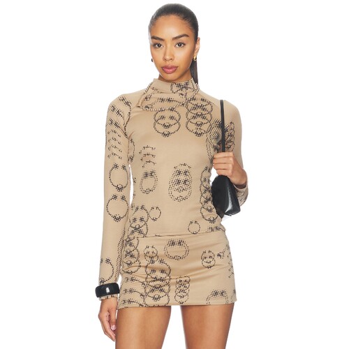 [秋冬新品]LADO BOKUCHAVA驼色衬衫印花高领辣妹修身上装REVOLVE