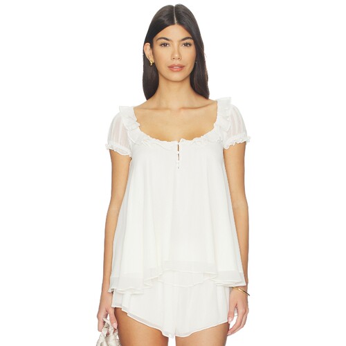 [夏季新品]Lovers and Friends白色T恤荷叶边甜美上装REVOLVE