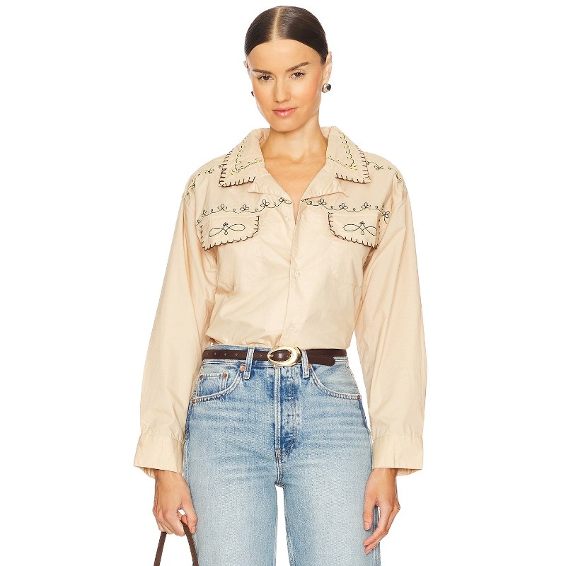 Found EMBROIDERED BUTTON UP 衬衫 棕黄色REVOLVE新款