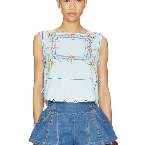 Free People 花卉刺绣无袖上衣淡蓝色夏季新品复古方领T恤REVOLVE