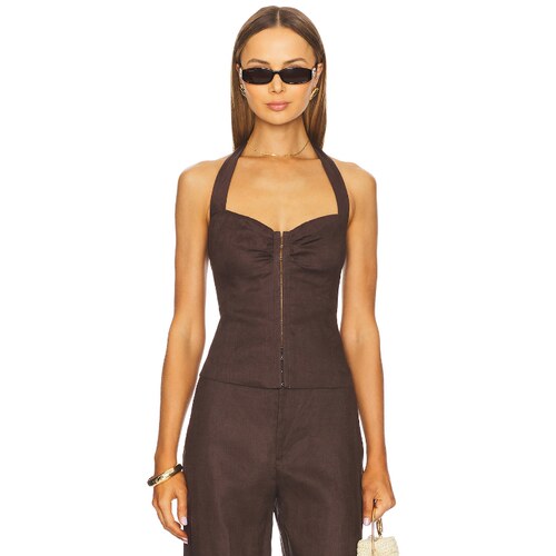 Bardot Rixton Linen Halter Top 巧克力色REVOLVE小众新款