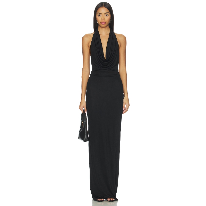 [冬季新品]L'Academie TAMMI 优雅轻熟风黑色挂脖褶皱长裙REVOLVE