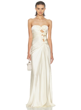 [冬季新品]Helsa 晚宴礼服长裙蝴蝶结拼接镂空高级感缎面REVOLVE