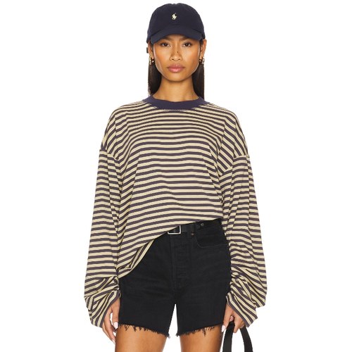LIONESS 长袖T恤条纹撞色圆领复古宽松休闲上衣REVOLVE小众新款