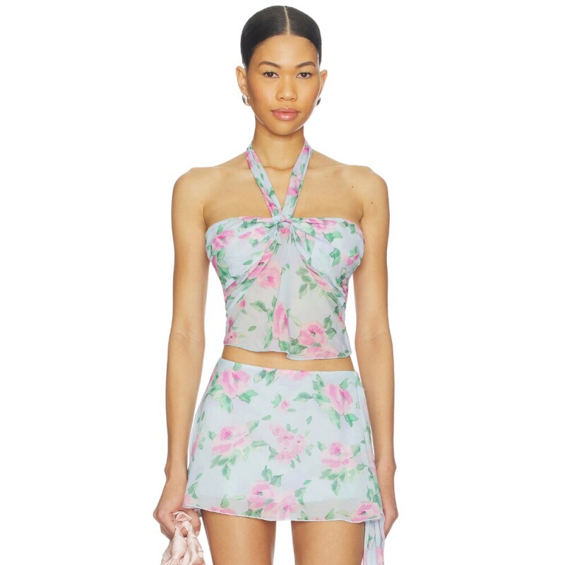 [早秋新品]Frankies Bikinis浅蓝背心碎花挂脖甜美上装REVOLVE