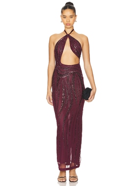 Camila Coelho裙子酒红色性感挂脖露背连衣裙REVOLVE