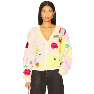 [冬季新品]No! Jeans针织开衫粉黄拼色刺绣长袖上衣REVOLVE保暖