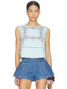 Free People 花卉刺绣无袖上衣淡蓝色夏季新品复古方领T恤REVOLVE
