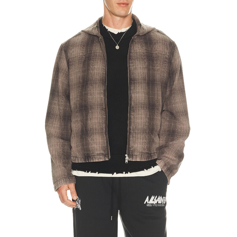 ALLSAINTS棕黑色上衣格纹连帽酷飒风早秋新品宽松衬衫REVOLVE
