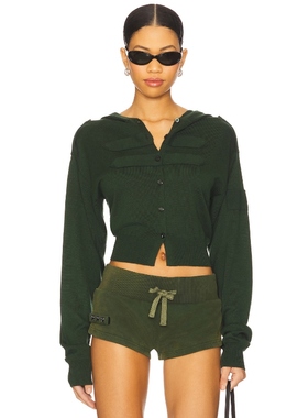 [冬季新品]NIIHAI 连帽开衫绿色运动复古风短款外套REVOLVE小众