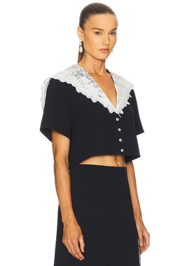 [新品]Helsa 黑白拼接蕾丝披肩翻领 短袖衬衫 复古静奢风 REVOLVE