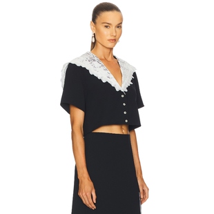 [新品]Helsa 黑白拼接蕾丝披肩翻领 短袖衬衫 复古静奢风 REVOLVE